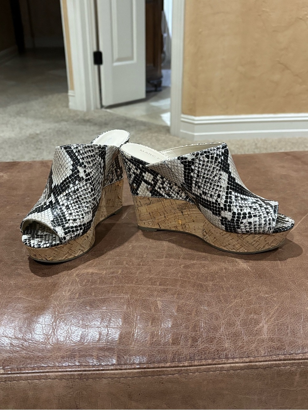 Marc Fisher Black and White Snake-Print Cork Wedge Mules